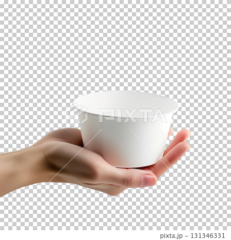 Hand holding a mockup empty white takeaway paper bowl, isolated on a transparent background. Hand holding a mockup empty white takeaway paper bowl, isolated on a transparent background. 131346331