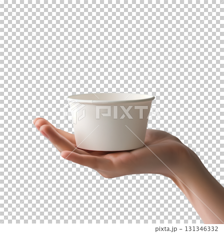 Hand holding a mockup empty white takeaway paper bowl, isolated on a transparent background. 131346332