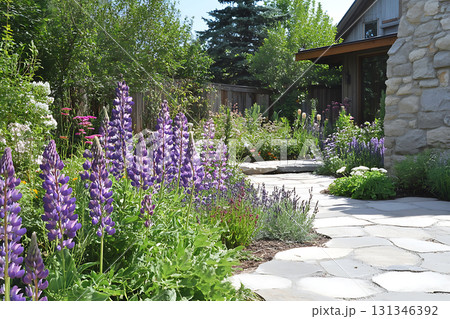 Lupines and lavender border the stone walkway leading toward the house in summer Lupines and lavender border the stone walkway leading toward the house in summer 131346392