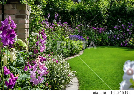 Lush flowers and greenery cascade along a stone walkway amidst a vibrant garden Lush flowers and greenery cascade along a stone walkway amidst a vibrant garden 131346393