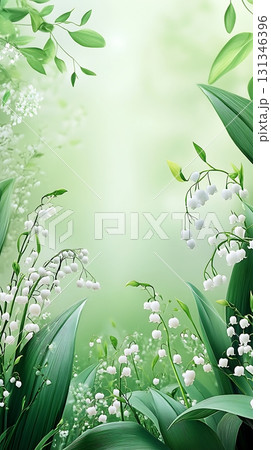 Lush green leaves softly delicate lily of the valley flowers on light background Lush green leaves softly delicate lily of the valley flowers on light background 131346396