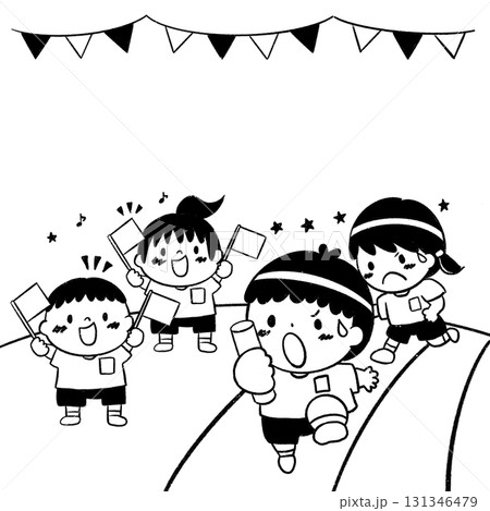 運動会でリレーをする子どもたちのイラスト素材 / 白黒プリント用 131346479