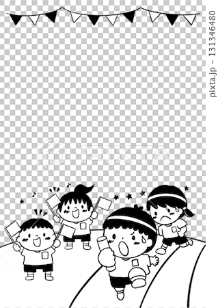 A4縦比率 運動会イラスト 真ん中にコピー用スペース付きテンプレート/白黒プリント用 131346480