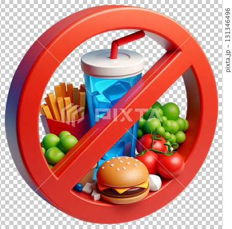 No food or drink allowed sign, red circle border, red slash mark 131346496