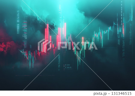 Floating stock market graph displays green and red trends over misty cloudscape pattern 131346515