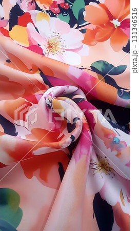 Floral fabric, featuring red, orange, and pink blossoms, swirls artfully to create a stunning textile texture 131346516
