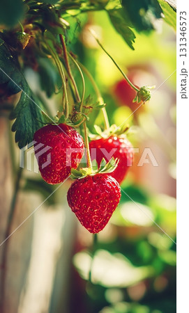 Ripe Strawberries Hanging on the Vine in a Garden Setting 131346573