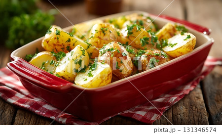 Roasted Potatoes with Parsley in Red Dish on Checkered Cloth 131346574