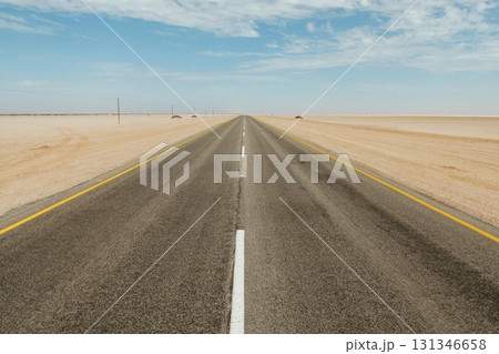 Straight surface. Majestic landscaped view of road in Africa, Namibia 131346658