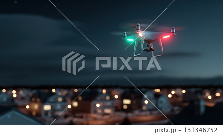 Unidentified drones flying in the sky, raising concerns of privacy and security surveillance 131346752