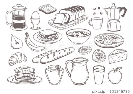Breakfast icons set. Milk jug coffee pot cup juice sandwiches fried eggs pancakes toast with jam croissant cheese and cereal with milk for market product design. Hand drawn sketch Breakfast icons set. Milk jug coffee pot cup juice sandwiches fried eggs pancakes toast with jam croissant cheese and cereal with milk for market product design. Hand drawn sketch 131346759