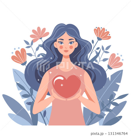 Beautiful woman holding a heart. Self love and compassion concept. Illustration. 131346764