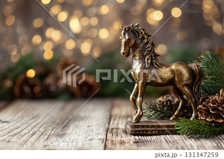 A bronze horse statue sits on a wooden table surrounded by fir branches and pine cones. Copy space is provided with a golden bokeh background. Christmas and New Year 2026 131347259