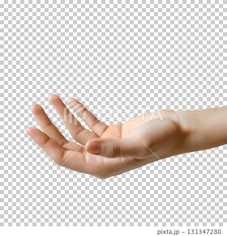 Mock-up of empty hand, open palm up, holding gesture isolated on a transparent background. Mock-up of empty hand, open palm up, holding gesture isolated on a transparent background. 131347280