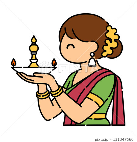 Indian Woman Holding Diya Oil Lamp 131347560