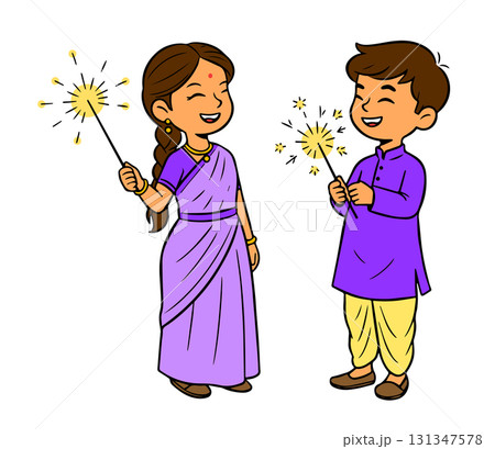 Diwali Festive Kids in Indian Traditional Dress with Hand Sparkler 131347578