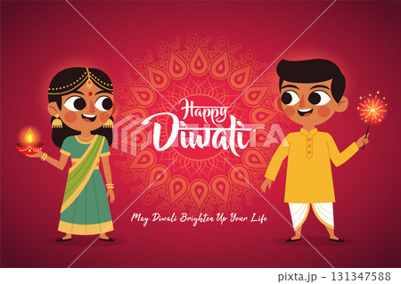 Festive Kids in Indian Traditional Dress Lighting Sparklers for Diwali Festival 131347588