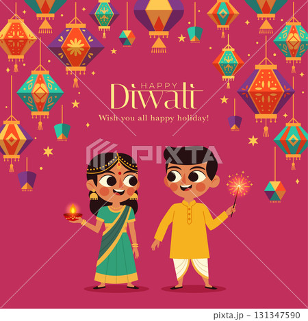 Festive Kids in Indian Traditional Dress for Diwali Celebration Lantern Background 131347590