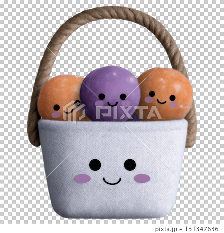 Cute Halloween themed basket with smiling orange and purple round characters, evoking playful and festive mood Cute Halloween themed basket with smiling orange and purple round characters, evoking playful and festive mood 131347636