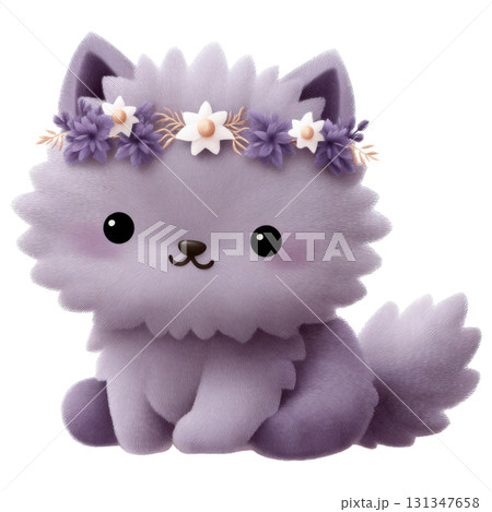 Cute purple fluffy wolf with flower crown, perfect for Halloween decorations or themed designs 131347658