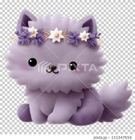 Cute purple fluffy wolf with flower crown, perfect for Halloween decorations or themed designs 131347658