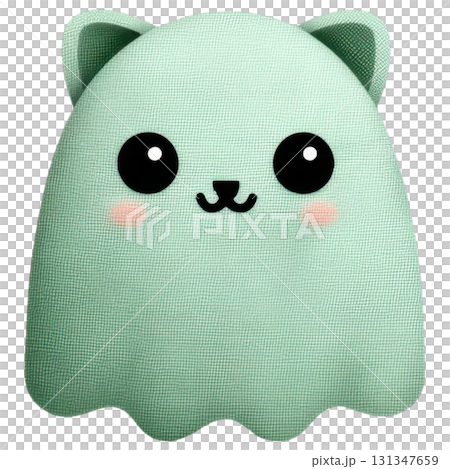 Cute green ghost with cat like features, including ears and smiling face, perfect for Halloween decorations or designs Cute green ghost with cat like features, including ears and smiling face, perfect for Halloween decorations or designs 131347659