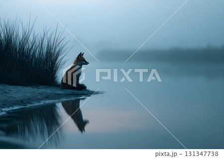 Red fox sits on a misty lakeshore at dawn, reflected in still water beside reeds 131347738