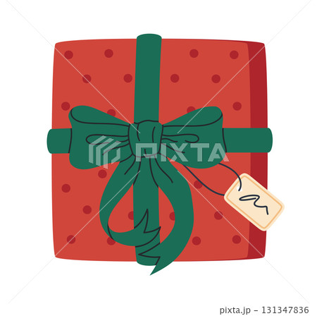 Gift box with silk bow. Christmas wrapped gift box, winter holidays present box flat vector illustration. Cartoon gift box on white Gift box with silk bow. Christmas wrapped gift box, winter holidays present box flat vector illustration. Cartoon gift box on white 131347836