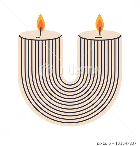 Hand drawn burning candle. Wax aroma minimalist shape candle, scented decorative candle flat vector illustration. Cartoon light aromatic candle on white 131347837