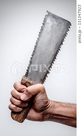 Hand Holding Rusty Vintage Bone Saw with Wooden Handle CloseUp 131347923