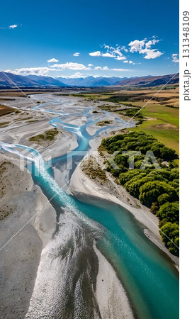 Braided River Flowing Through New Zealand Landscape, Aerial View on Sunny Day 131348109