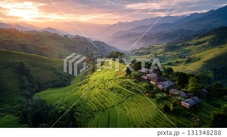 Vietnamese Rice Terraces and Villages at Sunset Golden Hour View Vietnamese Rice Terraces and Villages at Sunset Golden Hour View 131348288