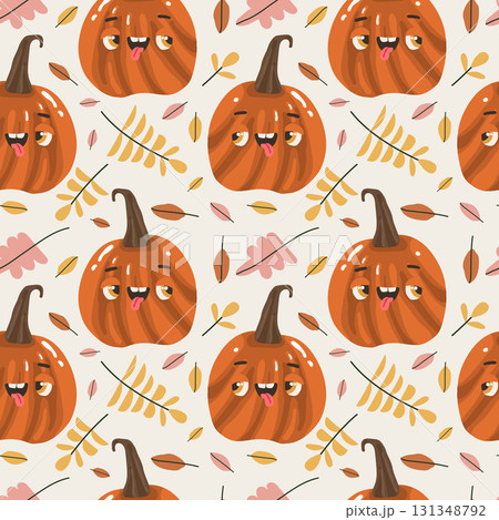 Seamless pattern with funny pumpkin characters and orange, yellow and brown leaves on a light background Seamless pattern with funny pumpkin characters and orange, yellow and brown leaves on a light background 131348792