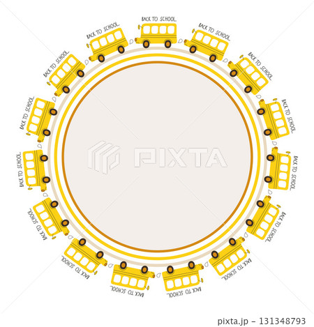 Wreath of cute yellow school buses, suitable for postcards, print for school templates, invitations Wreath of cute yellow school buses, suitable for postcards, print for school templates, invitations 131348793
