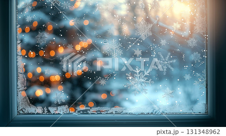 Frosty winter window with snowflakes and blurred Christmas lights outside 131348962