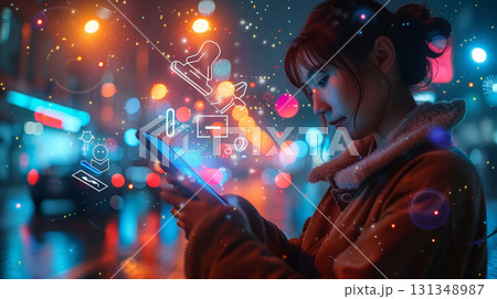 Young woman using smartphone with glowing social media icons in night city lights 131348987