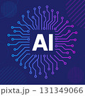 Vector illustration of AI logo with digital circuit board and network connections. Artificial intelligence circuit background with AI in blue purple gradient. Abstract technology background. 131349066