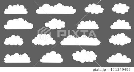 A collection of white cloud illustrations on a gray background. Vector set of cartoon clouds in flat design. Cloud icon set. A collection of white cloud illustrations on a gray background. Vector set of cartoon clouds in flat design. Cloud icon set. 131349495