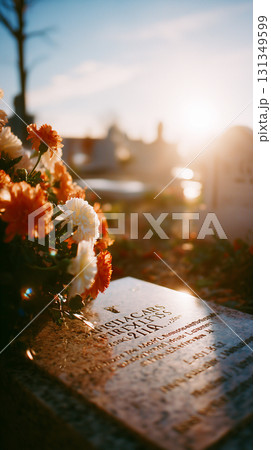 Gravestone with Flowers at Sunset 131349599