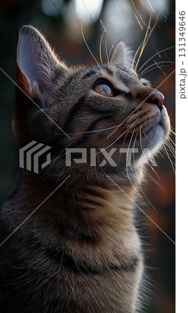 A cat with a long tail and a black nose is looking up at the camera A cat with a long tail and a black nose is looking up at the camera 131349646