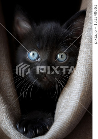 A black kitten with blue eyes is peeking out from a blanket 131349661