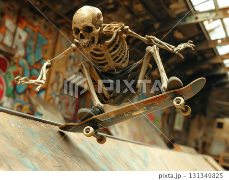 A skeleton is skateboarding on a ramp 131349825