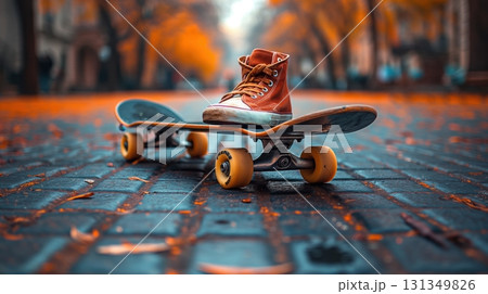 A skateboard with a red shoe on top of it A skateboard with a red shoe on top of it 131349826