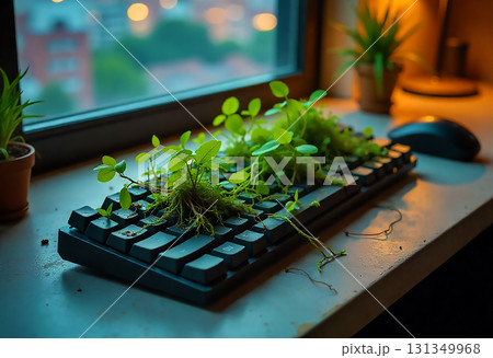 green plant in flower pot on wood table 131349968