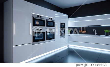 modern kitchen with open and open dishwasher 131349970