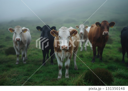 A herd of cows are standing in a field with a foggy sky in the background A herd of cows are standing in a field with a foggy sky in the background 131350148