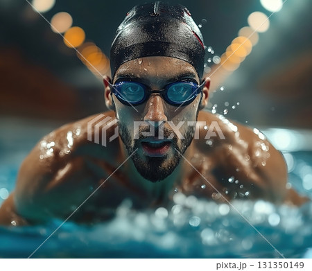 A man in a swim cap and goggles is swimming in a pool A man in a swim cap and goggles is swimming in a pool 131350149