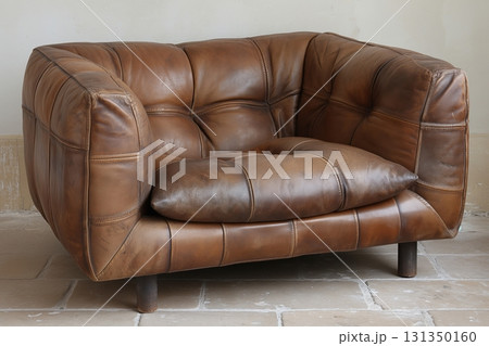 A leather couch with a pillow on it A leather couch with a pillow on it 131350160