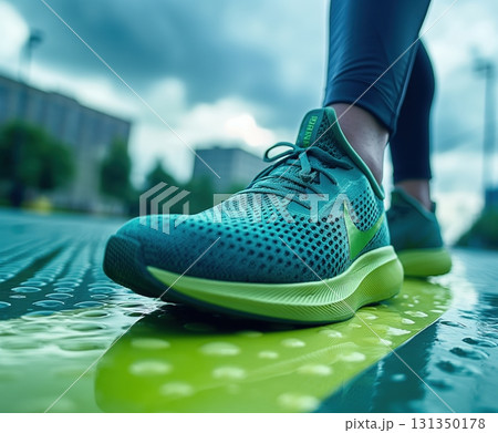 A person is wearing a Nike shoe and standing on a wet surface 131350178
