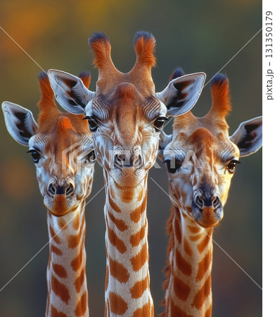 The giraffes are brown and white, and their necks are long The giraffes are brown and white, and their necks are long 131350179